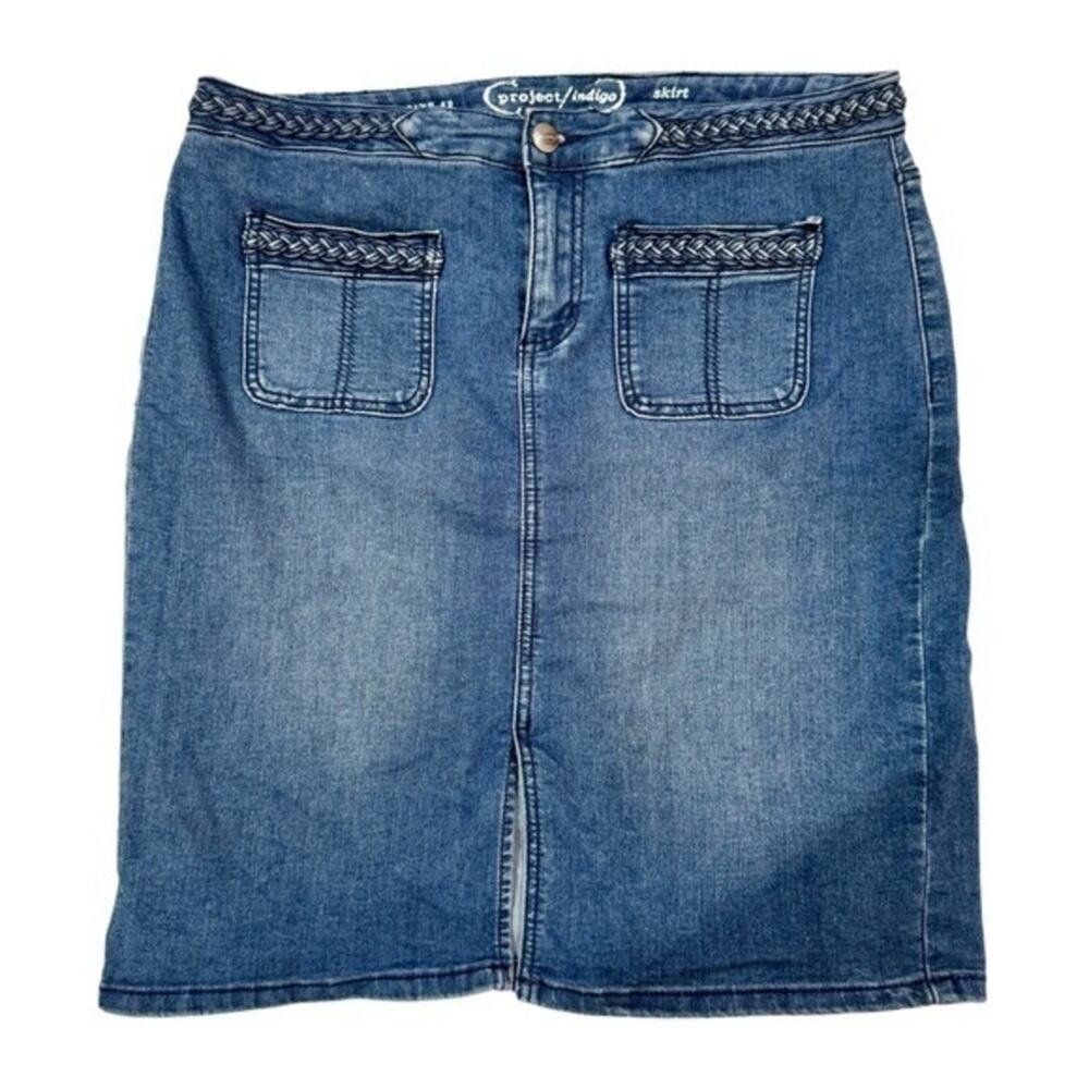 Project Indigo Dark Blue Womens Braided Stretch Midi Length Denim Jean Skirt 12